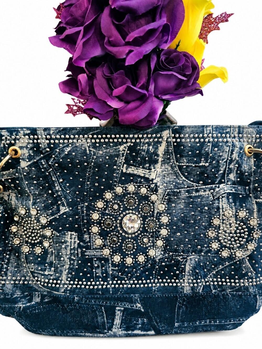 Studded Denim Shoulder Bag with Crystal Accents